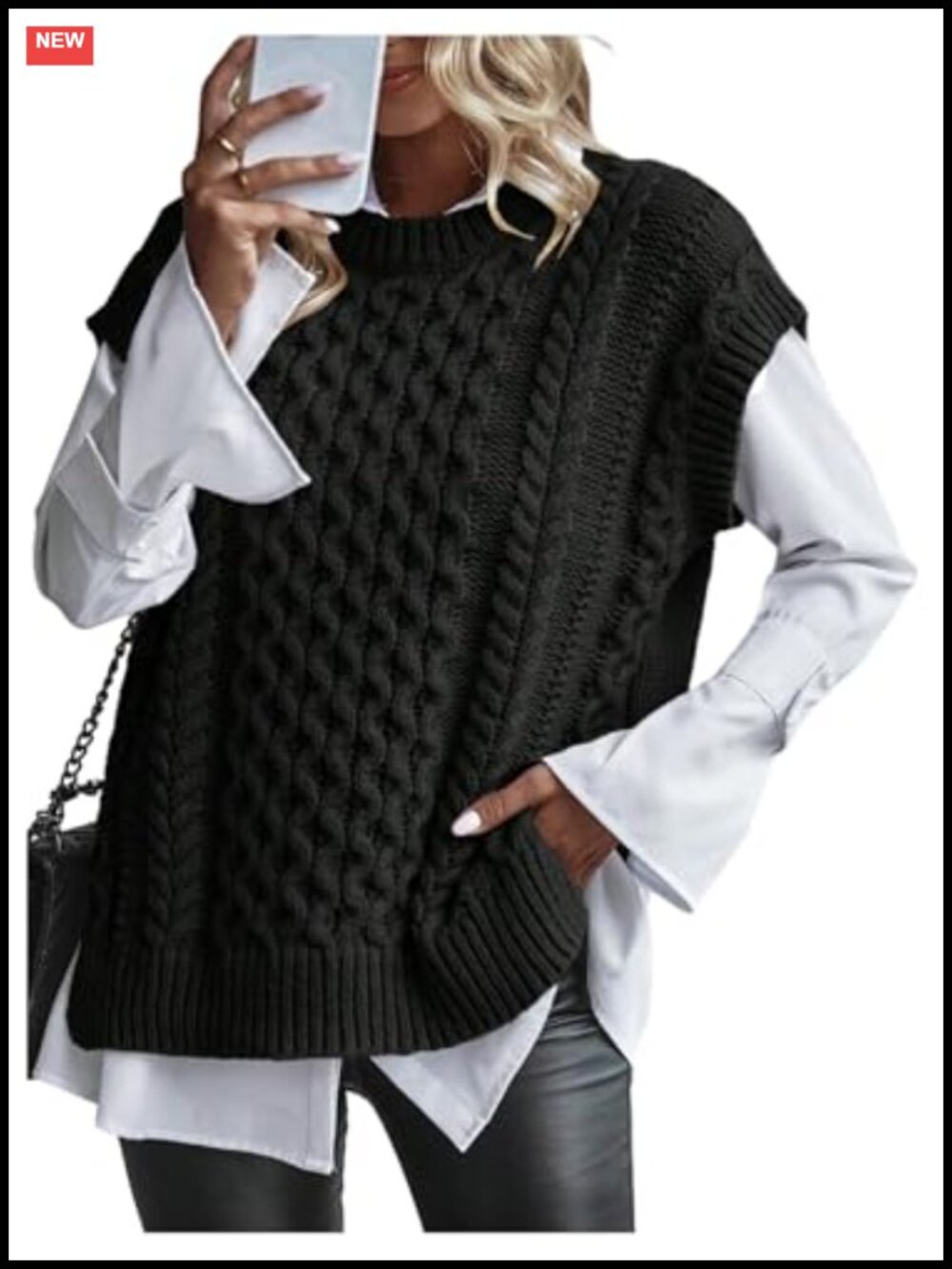 Women's Cable Knit Sweater Vest Cap Sleeve Crew Neck Side Slit Loose Knit